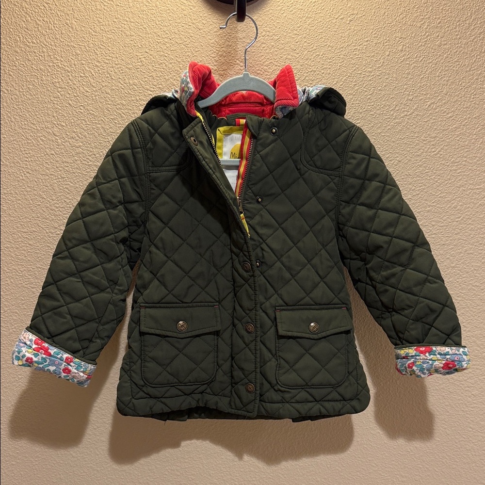 Mini Boden Green Quilted Jacket with Floral and Red Accents